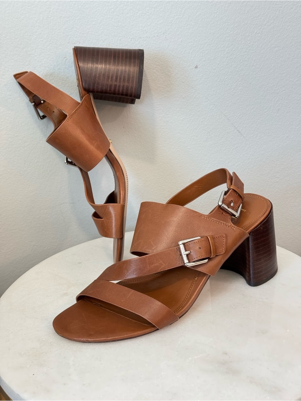 Ralph Lauren Tan Leather Block Heel Sandals
